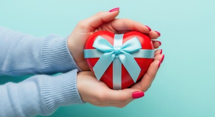 Share the love with this adorable red heart gift held gently in loving hands for Valentine's Day or a special occasion