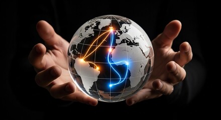 Hands cradling a glowing globe with interconnected lines, symbolizing global connectivity.