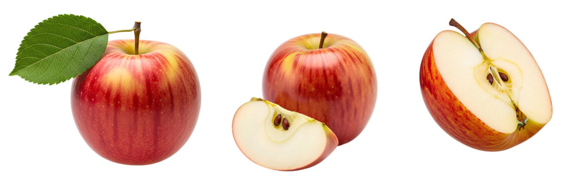 Braeburn apple set PNG. Ripe and delicious Braeburn apples different views isolated. Red apple top view flat lay isolated. Braeburn apple cut in half PNG