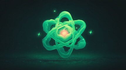 Glowing green atom symbol &mdash; futuristic energy and science concept representing innovation, technology, and nuclear power with luminous particles and modern atmosphere
