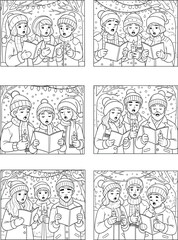 Obraz premium Christmas Carolers Singing A Black and White Illustration of Festive Holiday Cheer