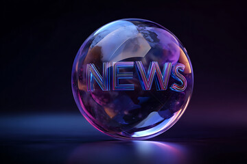 Luminous 'NEWS' Text in Transparent Sphere Reflecting World Map on Dark Background
