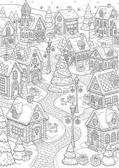 Obraz premium Detailed Line Art of a Charming Snowy Christmas Village Scene, Featuring Adorable Houses, Festive Decorations, and a Central Holiday Tree, Designed for Creative Coloring Activities