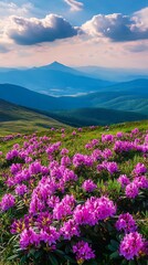Obraz premium Pink Rhododendrons Bloom on Green Hills with Mountain Peak and Cloudscape Backdrop