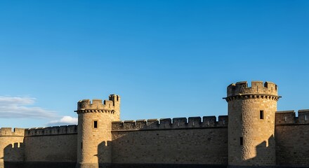 Naklejka premium Sunlit Medieval Castle Walls and Towers Against a Clear Blue Sky.