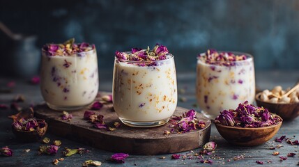 Smooth Turkish coconut rose drink creamy white rose petal topping luxury styled photography left to right food image