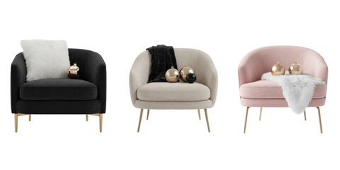 Front view of a set of elegant modern velvet armchairs in dark and light neutral upholstery with New Year decorations. Isolated on a transparent background. For collages and festive advertising.
