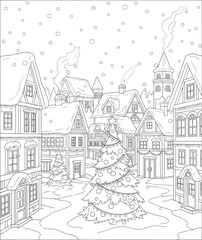 Fototapeta premium Charming Winter Village Coloring Page. Detailed line art of snow-covered houses and a festive Christmas tree, ideal for creative holiday relaxation