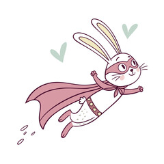 Cute Rabbit Wearing Tiny Cape And Mask Flying Cartoon Illustration