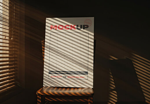 Vertical Stand Poster Mockup on Chair with Venetian Blind Shadow