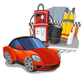 Fototapeta premium Cartoon street racing car vehicle pitstop pitzone on white background illustration for children