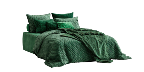 Emerald-green bedding set on a bed with various textures, including pillows, a quilt, and a throw