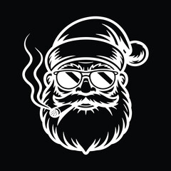 Cool Santa with a beard and mustache wearing sunglasses and a Santa hat, smoking a cigar, in a bold black and white artistic illustration