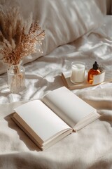 Open Book and Soft Blanket on Cozy Autumn Background, Warm Light, Relaxing Morning with Peaceful Mood