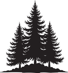 Black silhouette of three pine trees on white background