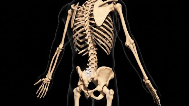 Anatomical rendering showing a skeleton with ribs spine arms hands and pelvis on a black background
