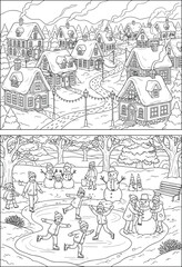 Obraz premium Delightful Winter Playtime Happy Children Building and Enjoying a Friendly Snowman in a Charming Snowy Forest Scene, Perfect for Creative Coloring and Festive Fun