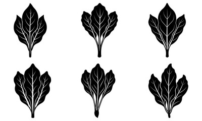 Six stylized black leaf bunches offer botanical elegance for nature themes, organic products, and fresh designs, originally created as scalable vector art