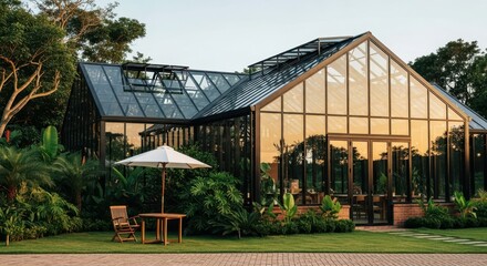 Obraz premium Contemporary glass greenhouse architecture, elegantly nestled amidst vibrant tropical flora, with an inviting outdoor patio for serene moments