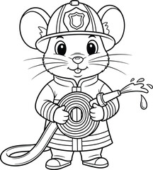 Brave Firefighter Mouse with Hose - Coloring Page Line Art