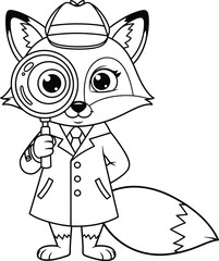 Cute Fox Detective with Magnifying Glass - Coloring Page Outline