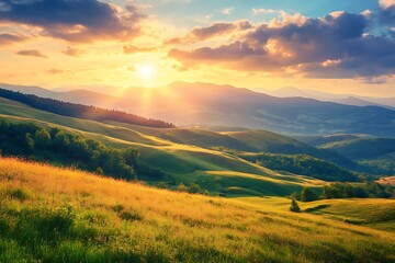 Obraz premium Rolling Green Hills at Sunset with Golden Light and Mountain Scenery