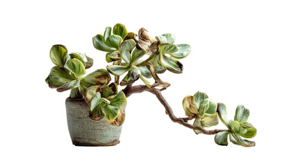 Fototapeta premium PNG of A vibrant green succulent in a textured ceramic pot, showcasing unique leaves with varied hues and patterns.