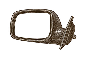 Vintage Car Side Mirror Illustration on Black Background Detailed Hatching