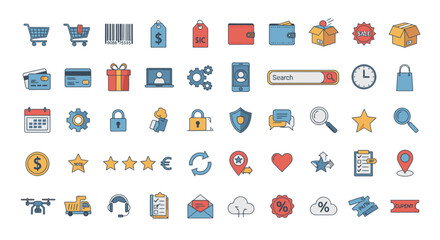 Collection of e-commerce icons in flat design style, representing various aspects of online shopping and business.