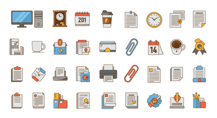 Collection of various office-related icons, including documents, clocks, and coffee cups, in a colorful style.
