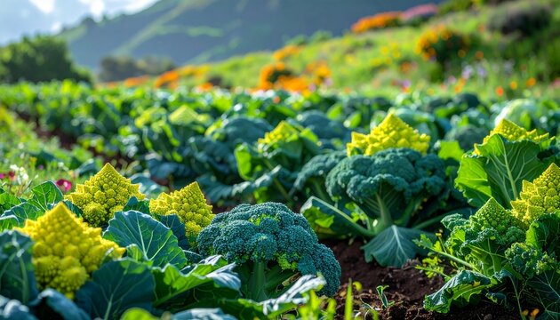 Vibrant Romanesco Broccoli Field Under a Sunny Sky