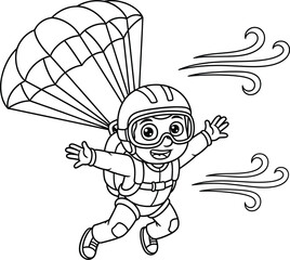 Happy Cartoon Child Skydiving with Parachute - Coloring Page Outline