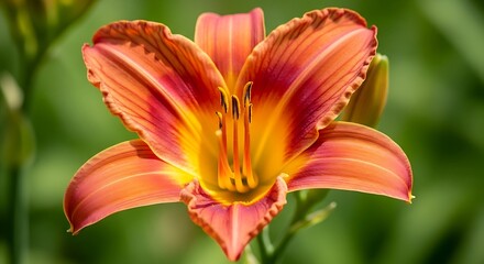 Fototapeta premium Close up of an orange and yellow daylily flower with green foliage bloom