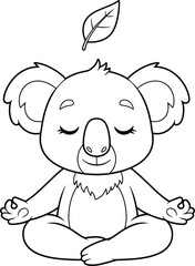 Cute Cartoon Koala Meditating with Leaf - Line Art