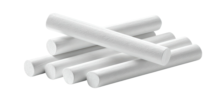 A close-up shot of a small collection of white cylindrical objects. They are arranged in a pile