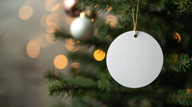 White round paper hanging on Christmas tree with bokeh background