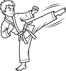 Dynamic Cartoon Boy Performing Karate Kick in Black and White