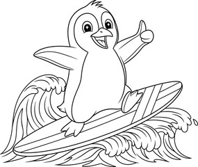 Happy Cartoon Penguin Surfer Giving Thumbs Up