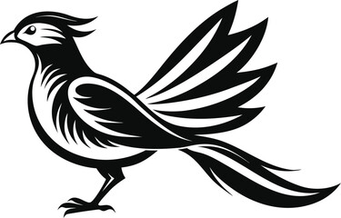 Black Silhouette of a Decorative Bird with Elaborate Tail