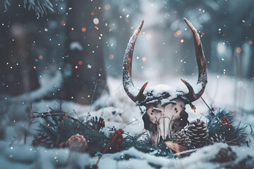 An animal skull with antlers in a snowy winter forest. Mystical pagan still life with pinecones and berries. Dark fantasy and folklore concept with falling snow