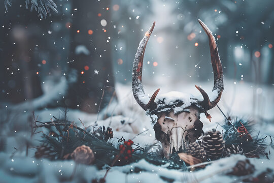 An animal skull with antlers in a snowy winter forest. Mystical pagan still life with pinecones and berries. Dark fantasy and folklore concept with falling snow