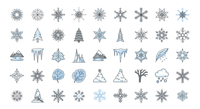 Collection of winter themed icons including snowflakes, trees, mountains, and icicles.