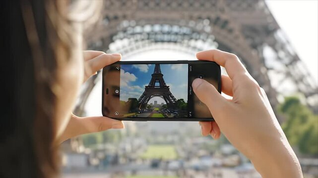 Tourist Capturing Iconic Eiffel Tower View in Paris with Smartphone Camera Travel Photography and European Landmark Memories on a Sunny Day