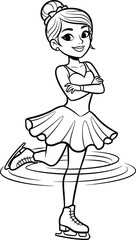 Happy Cartoon Girl Figure Skater Line Art Illustration
