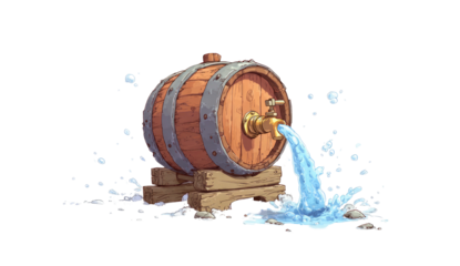 Wooden barrel with pouring water and splashes, sitting on a wooden stand