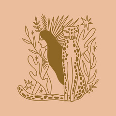 Naklejka premium Divine doodle modern abstract goddess woman with wild cat leopard vector clip-art illustration. Boho sacred magic jungle line art logo or label. Mystical symbol, flat holistic vector drawing. Healing