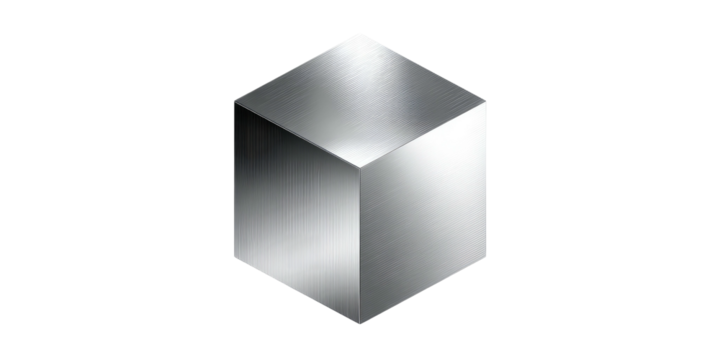 Metallic, shaded isometric cube on black. Rendered with directional light to show faces