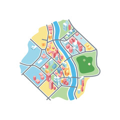 Isometric City Map Illustration with River and Buildings