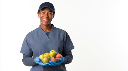 African American lunch staff member in scrubs, cap, and gloves holding fresh fruit, promoting healthy eating and nutrition