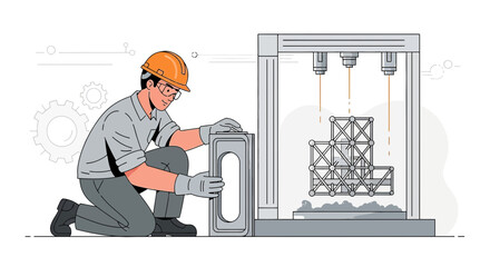 Engineer monitoring a 3D printer producing a complex metal structure with precision and safety